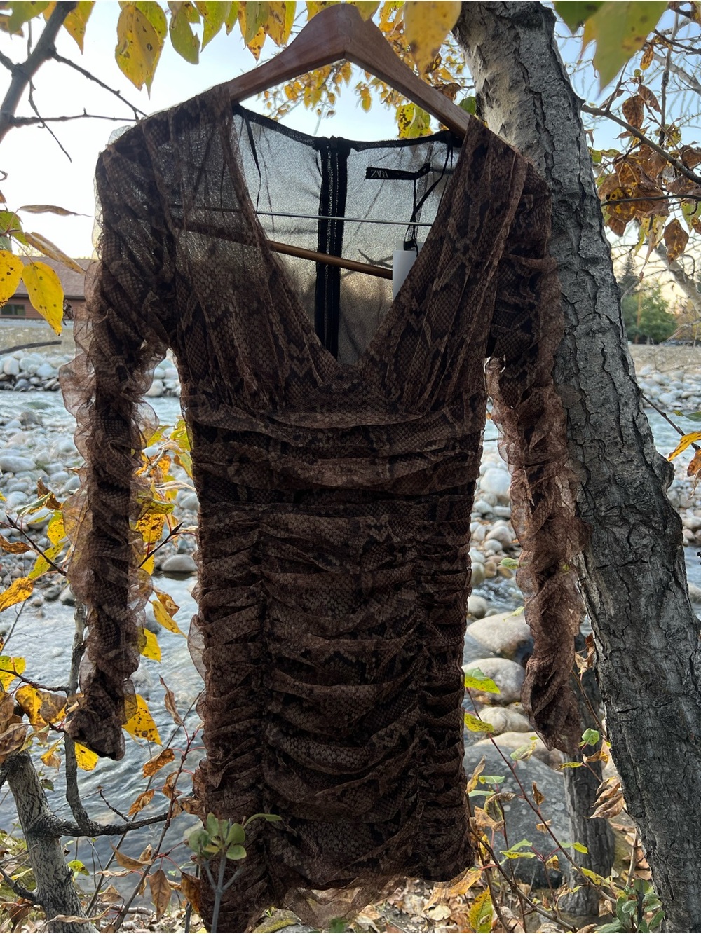 ZARA Brown Snake-Print Long Sleeve V-Neck Dress